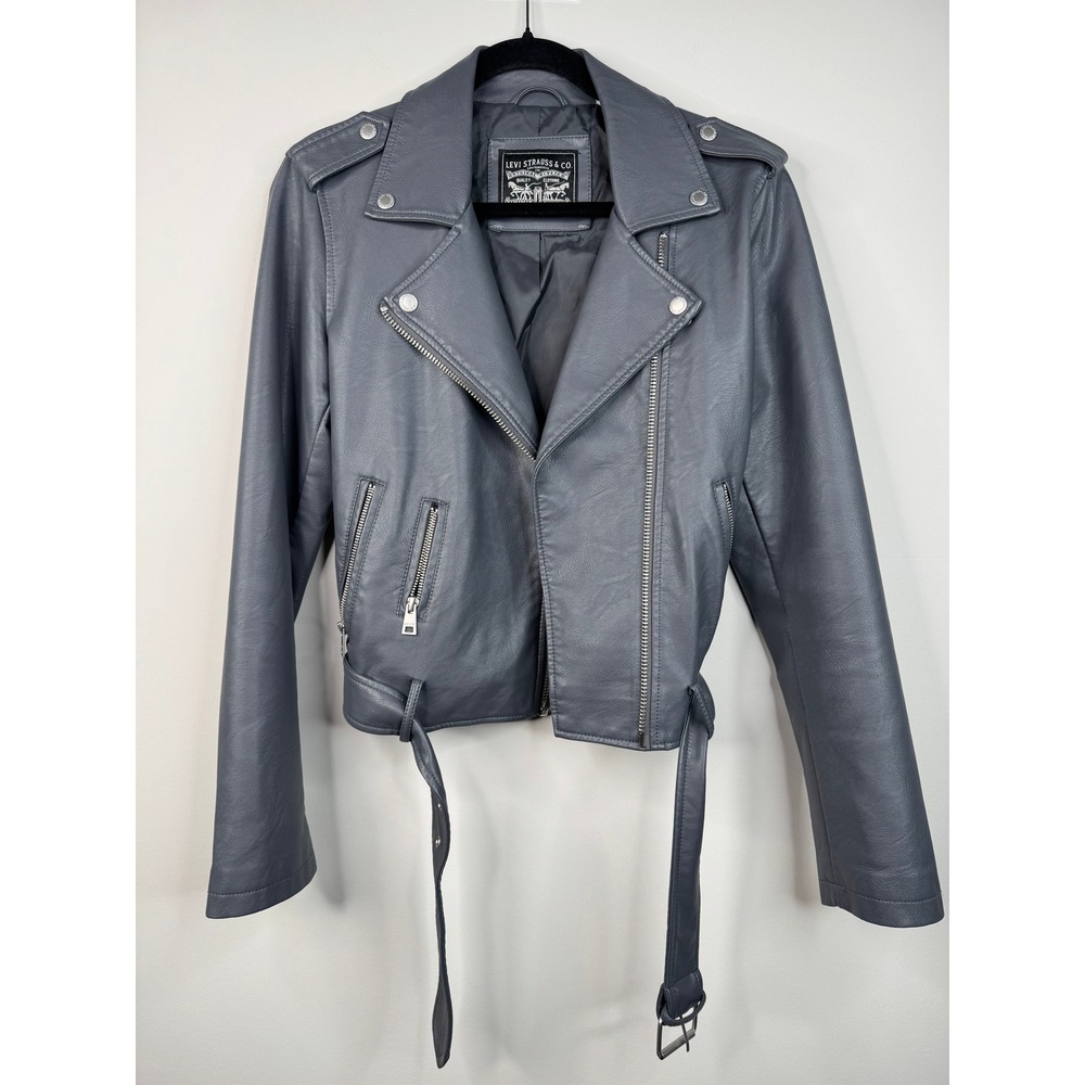 Levis Womens Faux Leather Moto Jacket Grey Biker Belted Size Small
